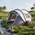 thumbnail image 3 of 4 Person Pop Up Tent for Camping, Waterproof Instant Family Tent with Front Awning, Automatic Tent Throw Pop Up Instant Flip Pop Tent for Camping, Light Gray, 3 of 11