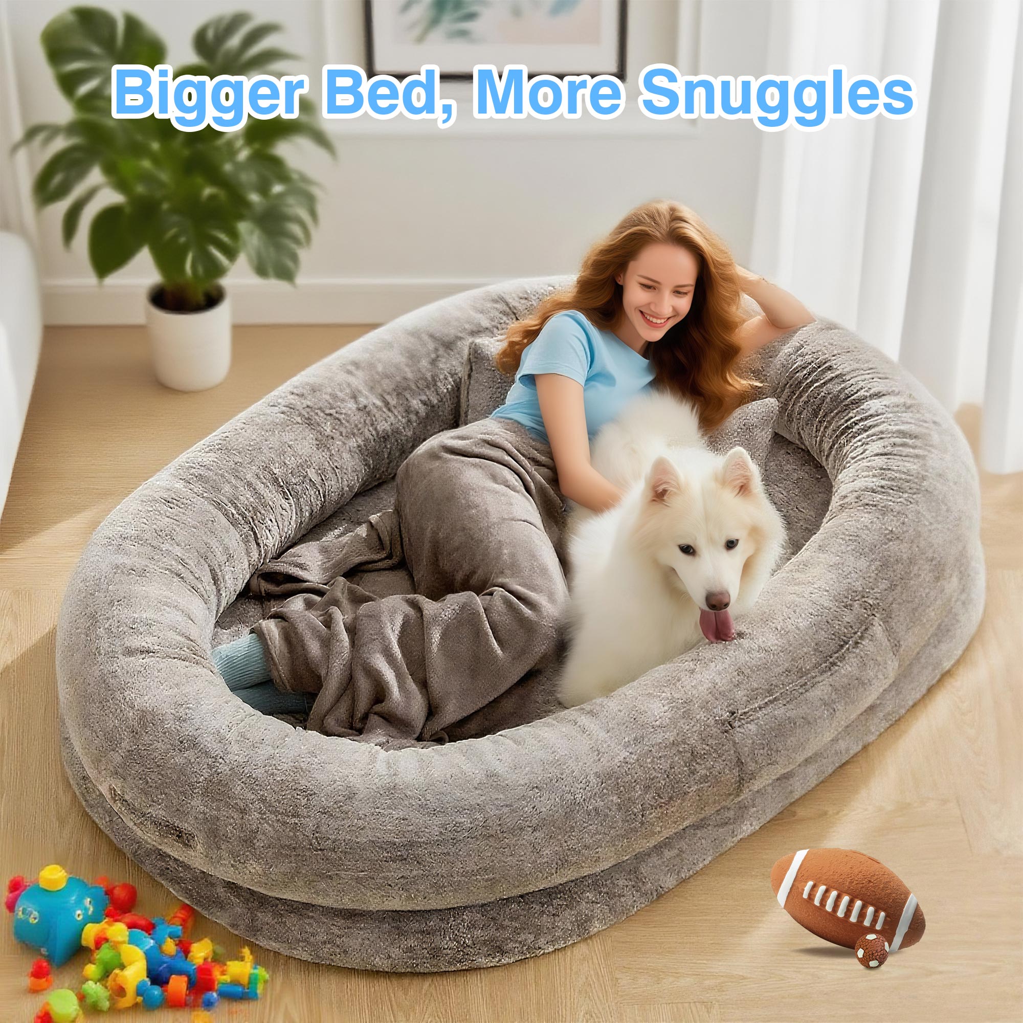 Extra Large Human Dog Bed for Adults & Pets, Faux Fur Orthopedic Lounger with Pillow & Blanket, Washable Nap Bed, Perfect Gift for Pet Lovers (68'' x 35'' x 14'')