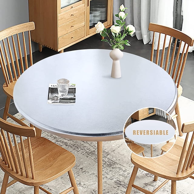 LAICAIW Nappe Ronde Ajustée, Nappe Extensible Élastique Réversible et Imperméable contre les Déversements d'Huile, Nappe Facile à Nettoyer pour Usage Extérieur/intérieur, Convient aux Tables Rondes jusqu'à 40 Pouces-44 Pouces de Diamètre, Argent Estampé