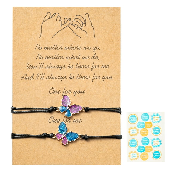 2ooya Butterfly Bracelets for Women&Girls, 2 Pieces Black Adjustable Wax Cord with Alloy Butterfly Jewelry Gifts for Mom Couples
