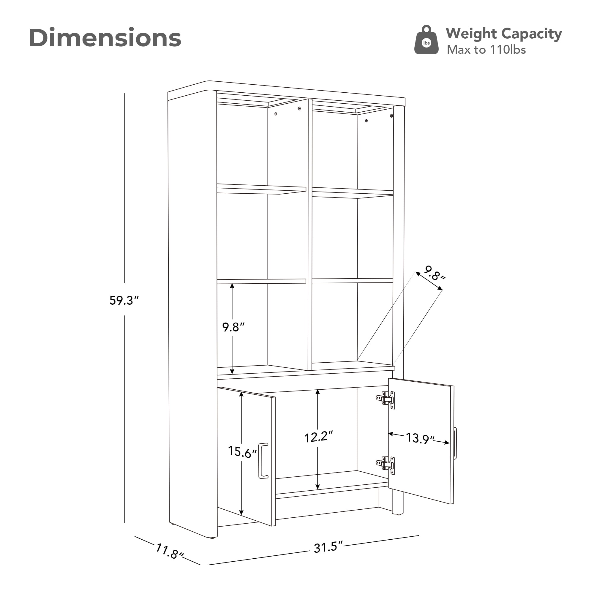 Spruce & Spring 59.3" Tall Bookshelf with Storage, 2-Door 6-Cube Library Bookcase with Adjustable Shelves, Modern Cabinet for Living Room Dining Room Office Hallway, Walnut