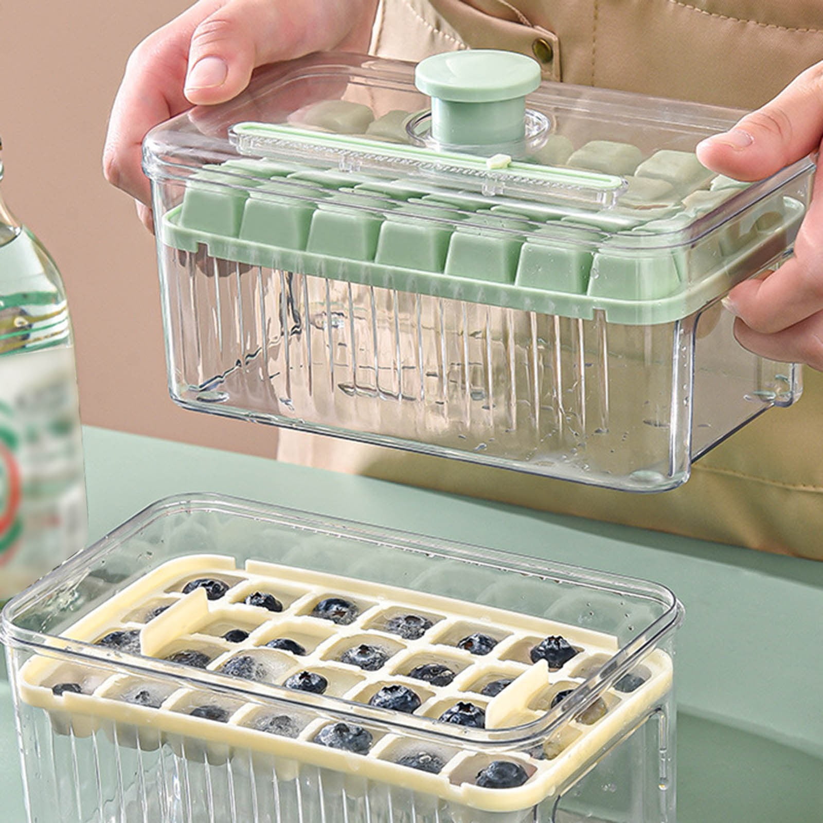 Yellow Easy-Release Ice Cube Tray with Lid and Bin Press Type 28-Cube Ice Maker Mold with Scoop for Freezer Chilled Drinks 1-Layer