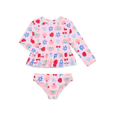 Wonder Nation Baby and Toddler Girl Ruffle Rash Guard Swim Set, 2-Piece, Size 12M-5T