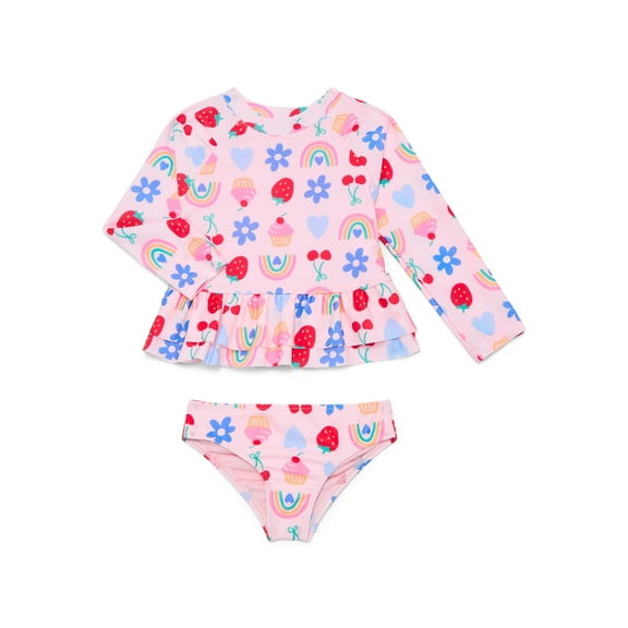 Wonder Nation Baby and Toddler Girl Ruffle Rash Guard Swim Set, 2-Piece, Size 12M-5T
