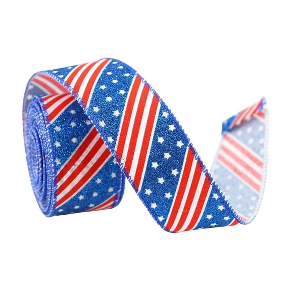 Zjdatm Patriotic Stars and Stripes Ribbon, 2-1/2 Inch x 5 Yards American Flag Decorative Ribbons, 4th of July Red White Blue Wired Ribbon for Wreath Gift Wrapping Decor