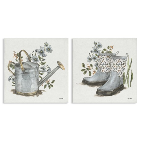 Stupell Industries Floral Watering Can Gardening Boots Plants & Flowers Painting Wrapped Canvas Art Print Wall Art, 17 x 17, Set of 2