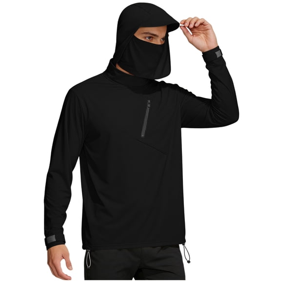 UV Protection Shirts for Men High Neck Long Sleeve Pullover Top UPF 50 Lightweight Breathable Shirt with Built In Face Cover