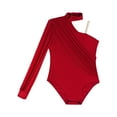 thumbnail image 4 of YUUMIN Kids Girls Long Sleeve One Shoulder Mesh Ballet Dance Leotard Bodysuit Modern Contemporary Dancewear Burgundy 10, 4 of 6