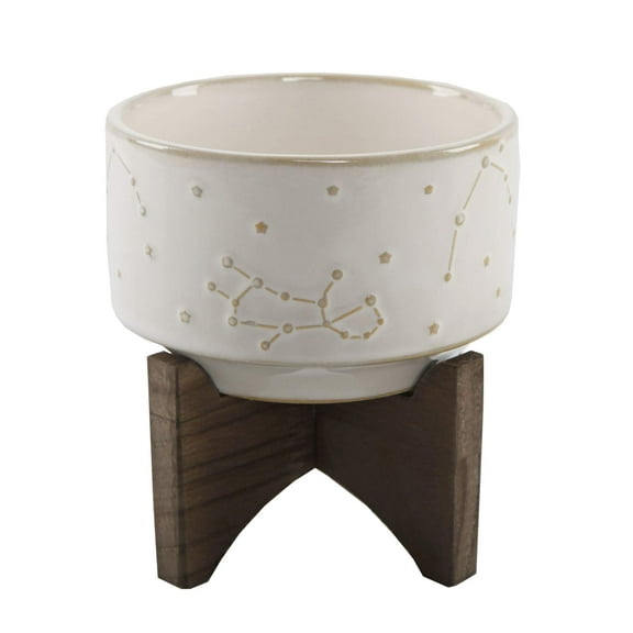 Flora Bunda 4 Inch Constellation Ceramic Pot on Wood Stand Mid Century,Ivory 4"