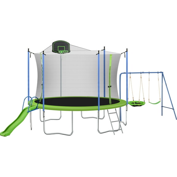 14ft Trampoline with Slide and Basketball Hoop for Kids Teens Adults, Swing-metal Outdoor Recreational Trampoline with Safety Enclosure Net, Capacity for 5-6 Kids
