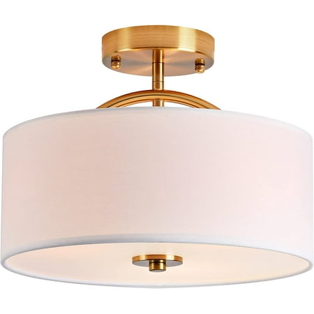 

Flush Mount Ceiling Light 13 inch Mid Century Modern Ceiling Light Fixture Antique Brass with Fabric Shade 3-Light Drum Light Fixture for Bedroom Dinning Room Foyer and Kitchen