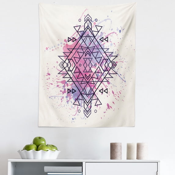 Ethnic Tapestry, Inspired Pattern with Grunge Splashes, Fabric Wall Hanging Decor for Bedroom Living Room Dorm, 5 Sizes, Ivory Multicolor, by Ambesonne