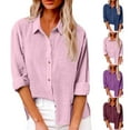 thumbnail image 2 of gakvbuo Button Down Shirts for women Plus Size Cotton Linen Tops Roll up Long Sleeve Casual Summer Fall Blouses lapel Collared Button Up Shirts V-Neck work Tunic Tops, 2 of 8