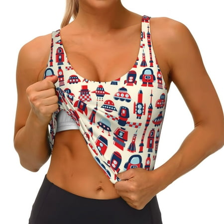Qokaie Rocket Pattern Pattern Womens Scoop Neck Sports Bra Breathable Workout Vest Padded U Back Medium Impact Fitness Gym Yoga Bra Workout Crop Top