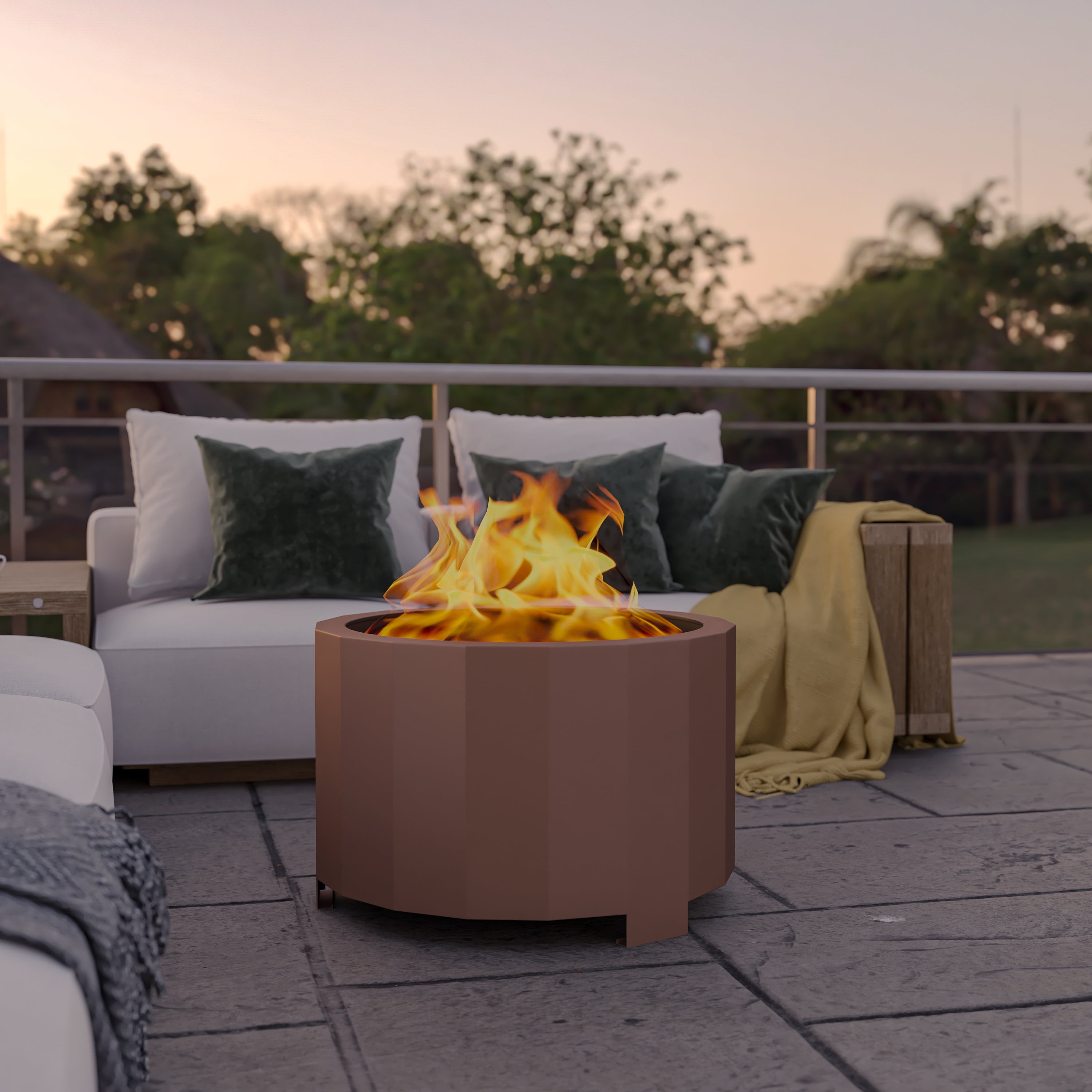 BizChair Commercial Grade 27 inch Smokeless Outdoor Firepit, Natural Wood Burning Portable Fire Pit With Waterproof Cover, Bronze