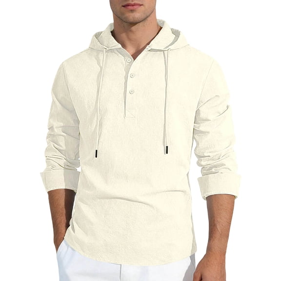 Men's Cotton Linen Hooded Henley Shirt, Casual Loose Fit Adjustable Drawstring Long Sleeve Tops for Men, Spring Fall Daily Wear Shirts S-3XL