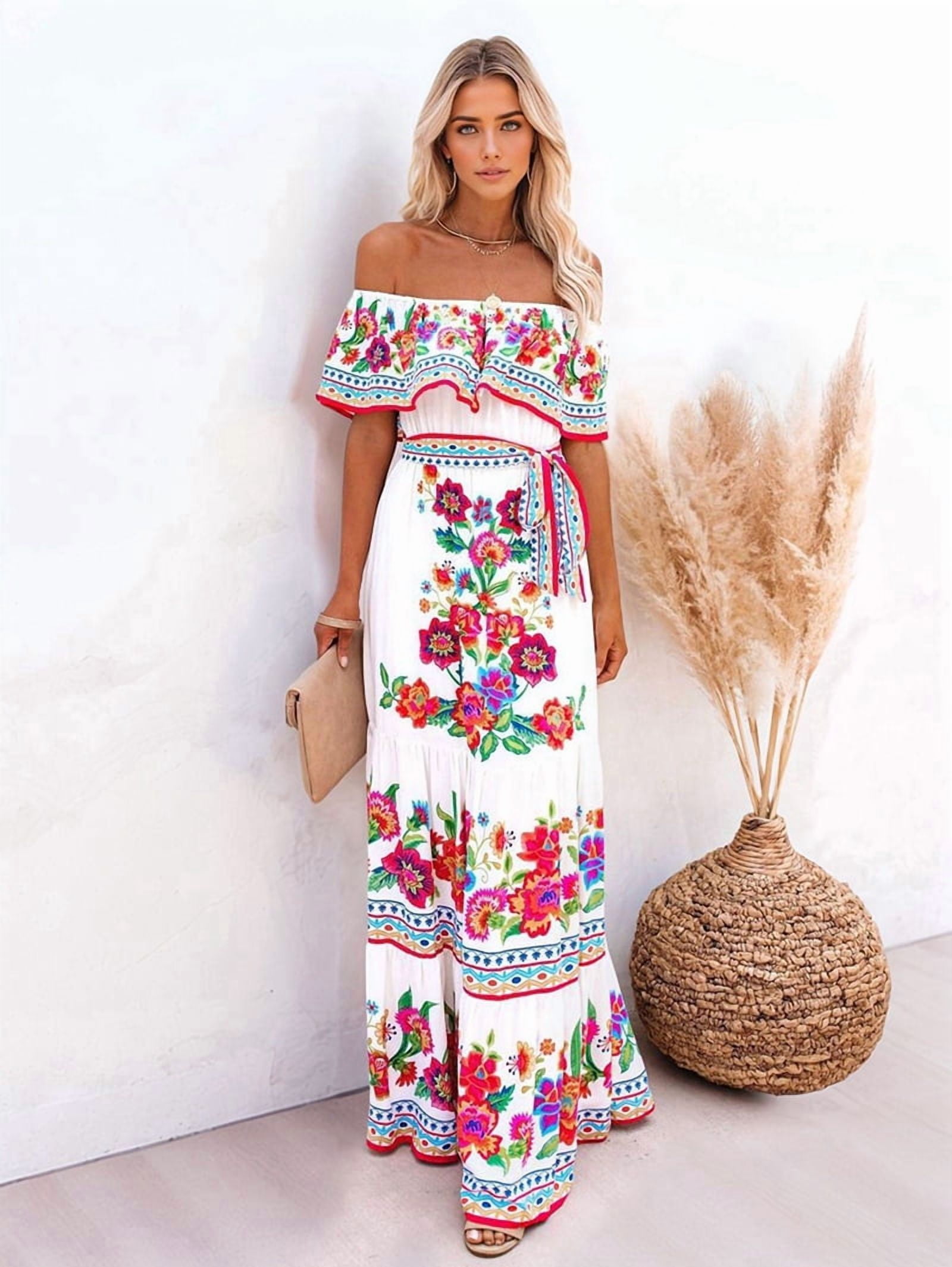 Women's Mexican Maxi Dress Off the Shoulder Sleeveless, Floral Print Long Beach Dress for Summer, Bohemian Vacation White & Red L