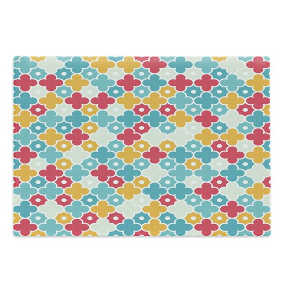 Quatrefoil Cutting Board, Colorful Petal Clover Leaves Pattern Bohemian Casual Theme, Decorative Tempered Glass Cutting and Serving Board, Large Size, Red Turquoise Yellow, by Ambesonne