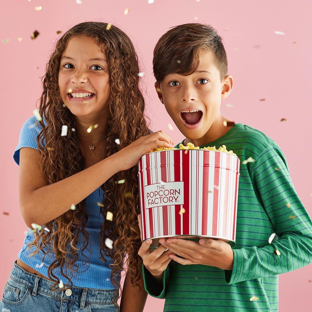 The Popcorn Factory Popcorn Gift Tin, Simply Blue, 3.5 Gallons (Robust Cheddar, White Cheddar, Caramel)