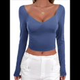 thumbnail image 1 of Camisetas de Larga con Cuello en V para Mujer, Top Corto con Doble Forro y Copas con Costura para Salir. Azul y Gris S, 1 of 9