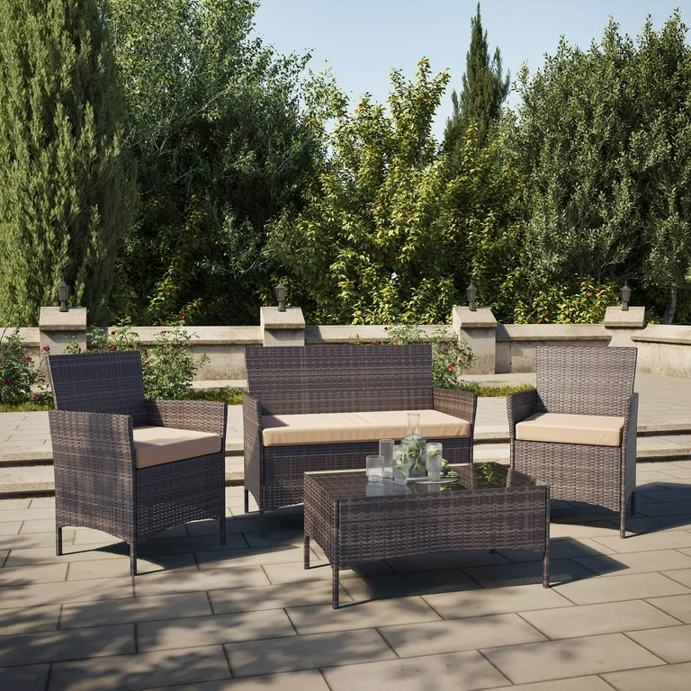 BELLEZE 4 Pieces Patio Furniture Set Patio Rattan Conversation Sets with Durable Cushion and Tempered Glass Top Table Outdoor Indoor Wicker Loveseat