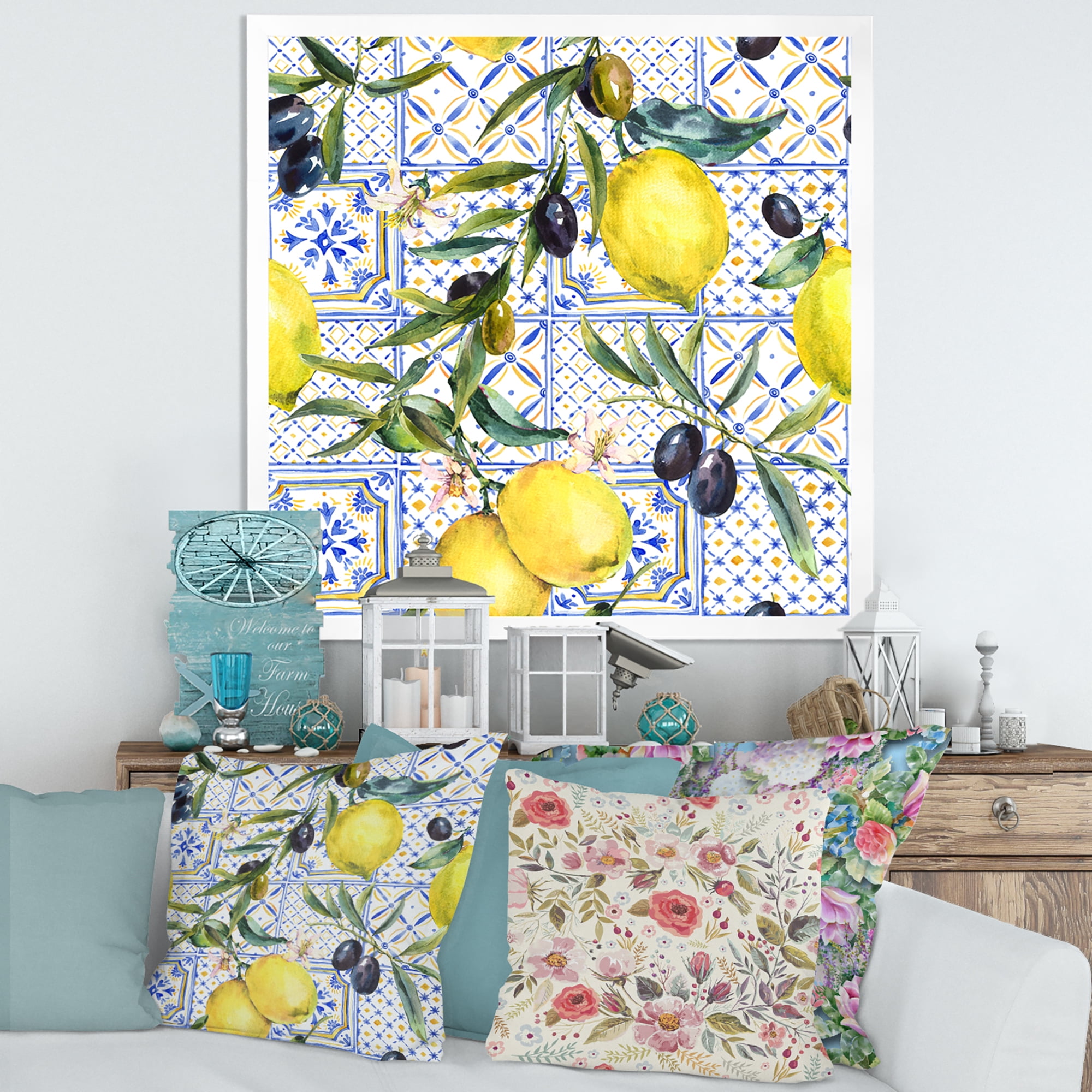 Designart 'Geometrical Pattern of Lemon Ornament On Blue III' Tropical Framed Art Print