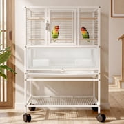 32in Height 2-in-1 Bird Cage, Portable Standing Parrot House, Breathable Metal Cage for Small Medium Pet Birds, White
