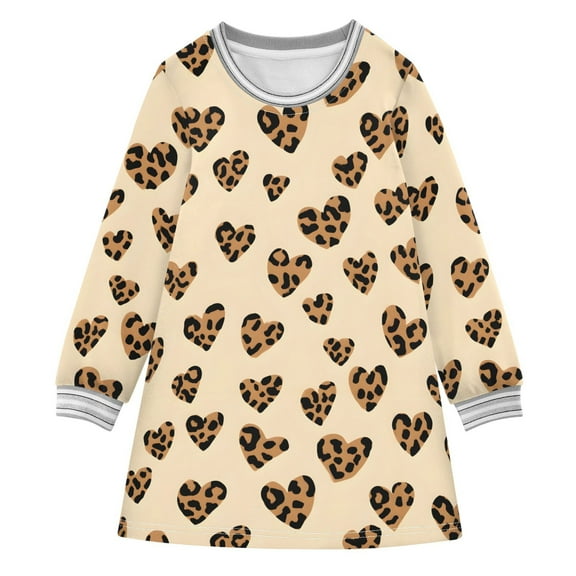 Girls' long-sleeved dress Leopard Print Heart Girls' A-line dress with ribbed cuffs Soft and comfortable