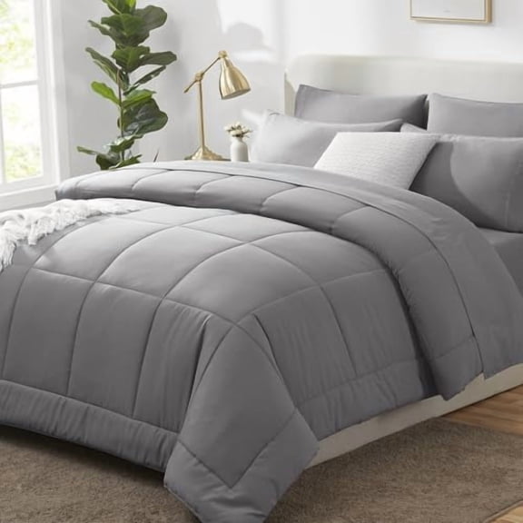 Full Size Comforter Sets Grey, 7 Pieces Bed in a Bag, Gray Comforter Full Size, All Season Bedding Sets with Stitch Quilted Comforter, Flat Sheet, Fitted Sheet, Pillowcases