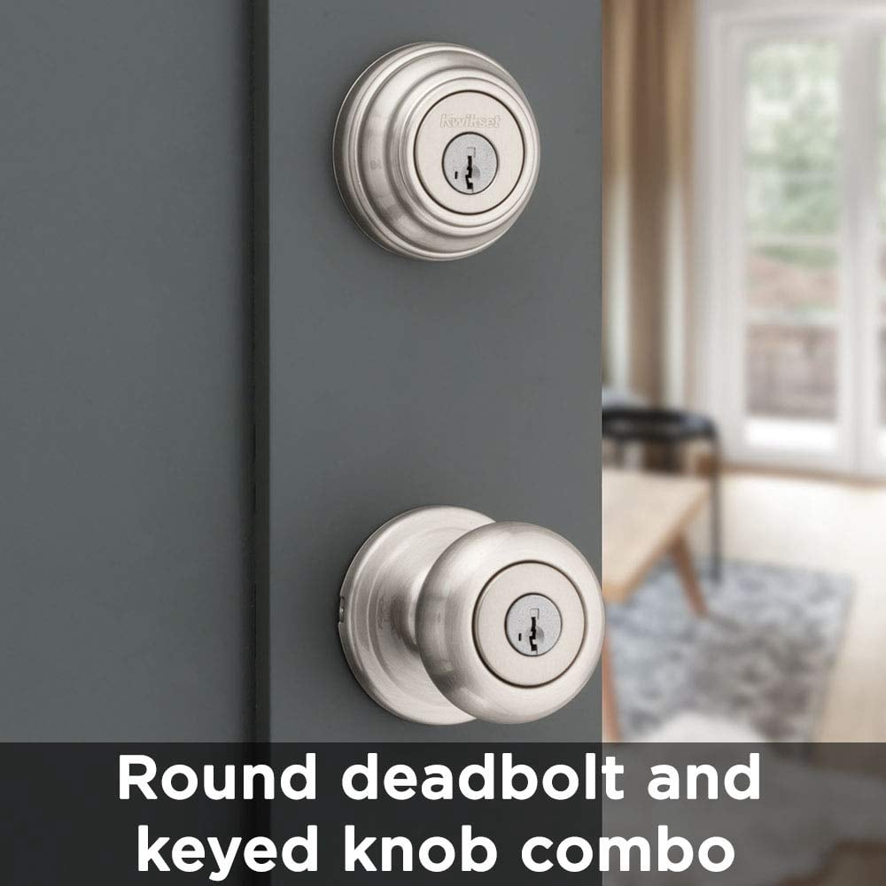991 Juno Keyed Entry Knob and Single Cylinder Deadbolt Combo Pack featuring SmartKey® in Satin Nickel