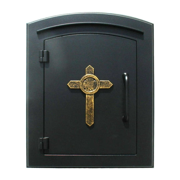 QualArc  14 in. Manchester Non-Locking Column Mount Mailbox with Decorative Cross Logo in Black