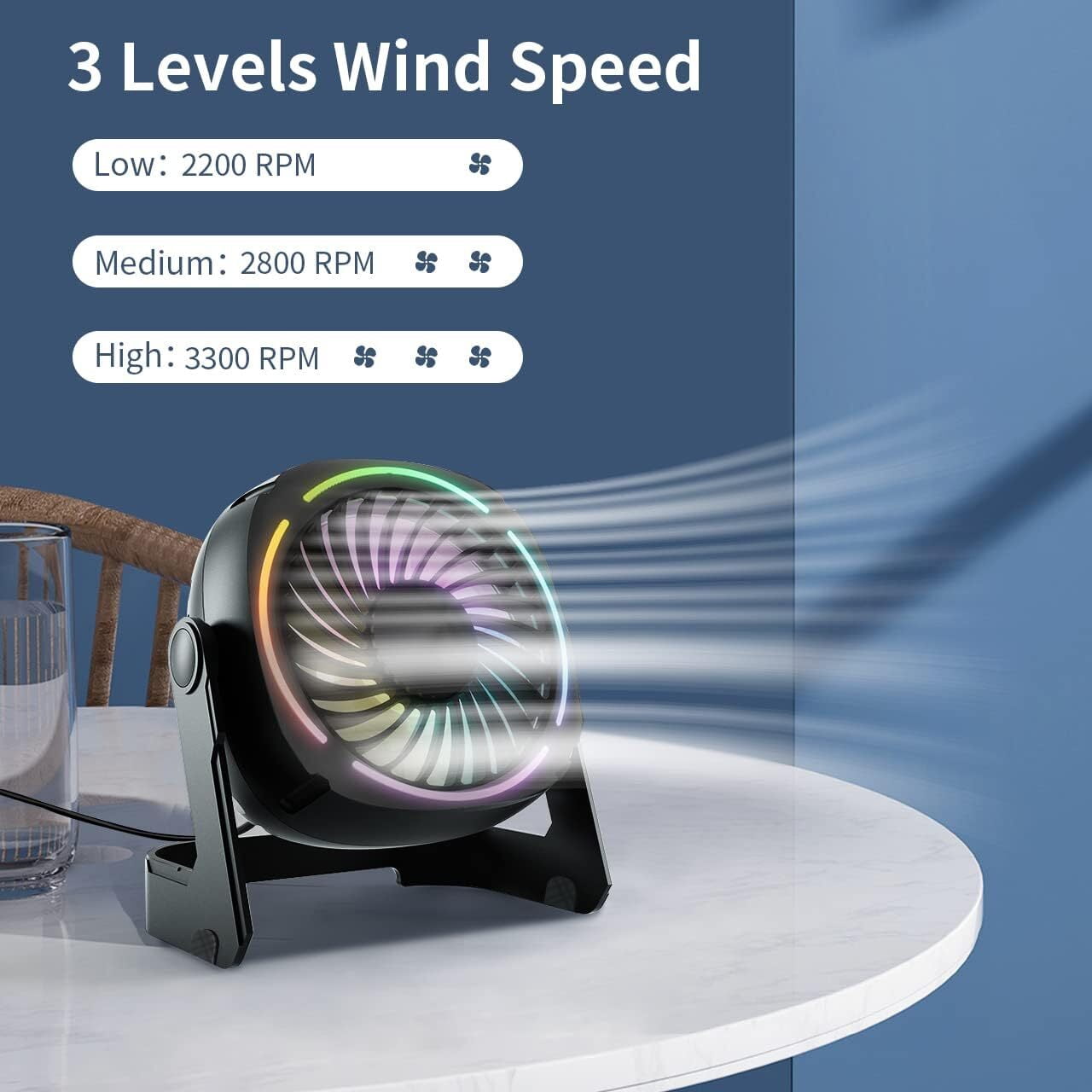 VOCOO Small USB Desk Fans - 5.3 Inch Portable Table Fans with 3 Levels Air Flow, 8 Color LED Lights, 360° Rotation, Quiet Mini Personal Fan for Home Office Desktop