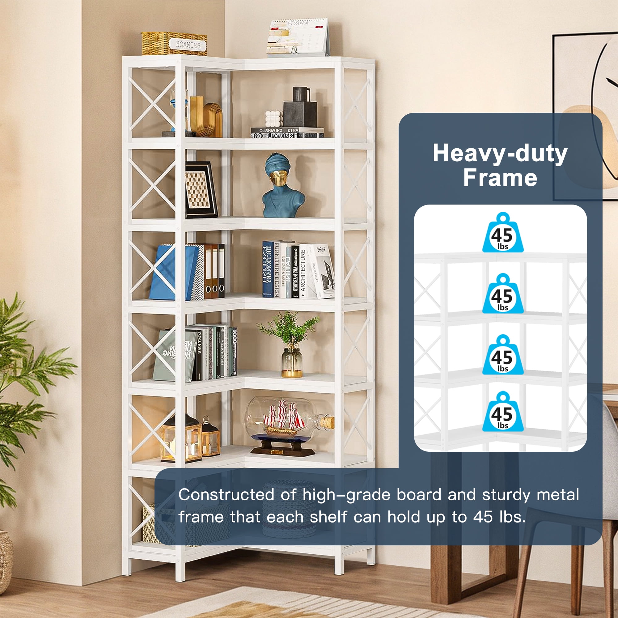 Demi Bonn 7 Tier Corner Bookshelf, Bookshelves, Open Etagere Bookcase Shelf Storage Organizer, Storage Shelving Unit for Bedroom, Living Room and Home Office, White