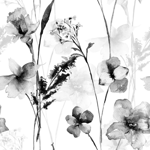 MuralsPrint Black Watercolor Wild Floral Peel and Stick Wallpaper - 24'' W x 10' L