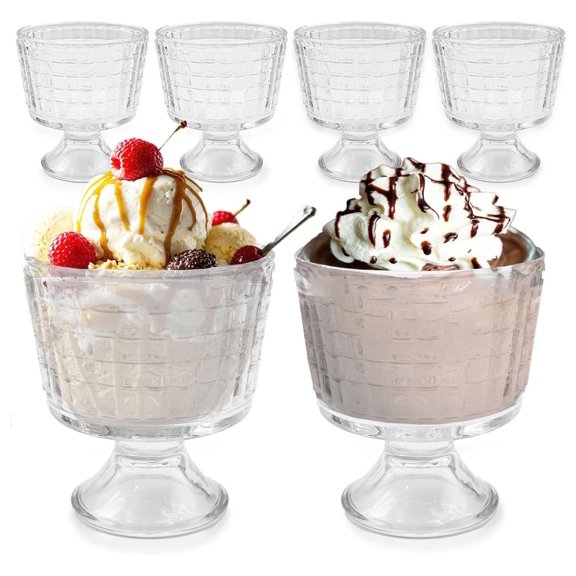 Footed Glass Dessert Cups, 10oz - Set of 6 Crystal Bowls for Trifle, Sundae, Fruit, Snack - Vintage Style with Heavy Base Clear 9.3 oz