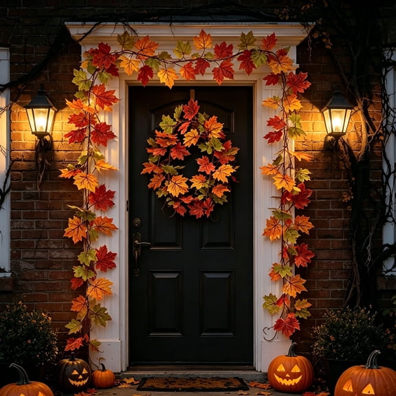 Warm Tone Fabric Maple Foliage Runner, Artificial Autumn Hanging Trail For Harvest Halloween Thanksgiving Mantel Gate Lawn Banquet Photo Background Indoor Outdoor Home Trim, 78.74in