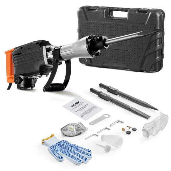 VEVOR Demolition Jack Hammer, 2200W Electric Jackhammer Heavy Duty, 1350 BPM Concrete Breaker, 2pcs Chisels Bit Chipping with Case, Black