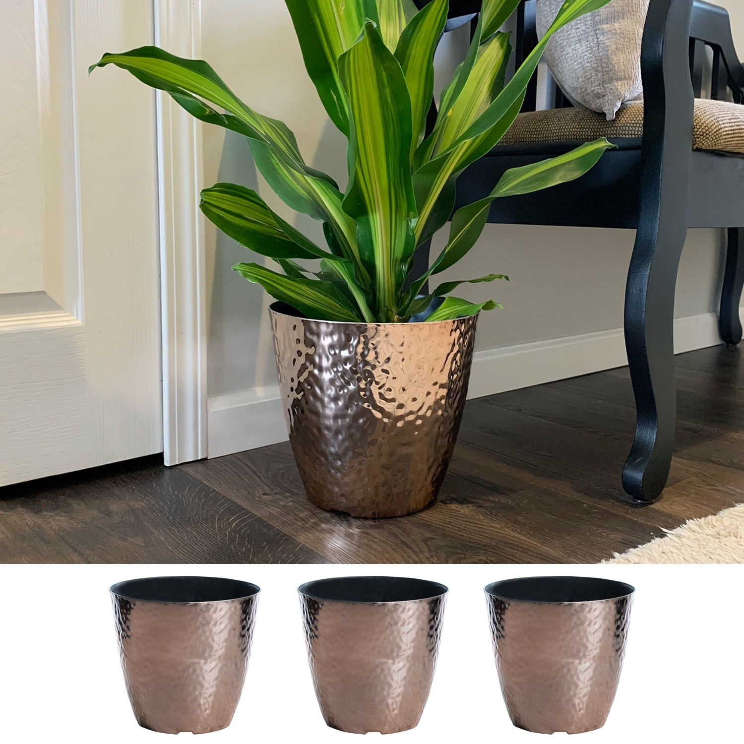3Pack 12 Inch Round Metallic Hammered Plastic Flower Pot