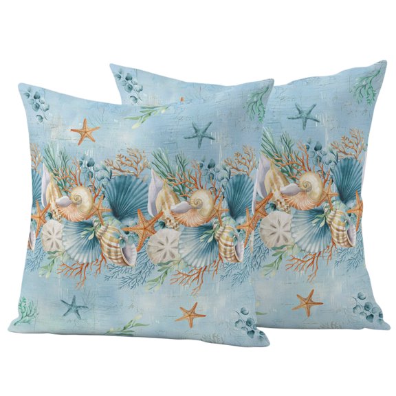 Outdoor Pillow Covers 26x26 Set of 2, Beach Coastal Blue Waterproof Patio Throw Pillow Covers for Couch Sofa Chair, Nautical Shell Starfish Coral Summer Decorative Pillowcases for Throw Pillows