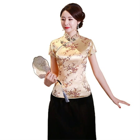 

JANGSLNG Women Cheongsam Shirt Chinese Style Plum Print Summer Autumn Exquisite Buckles Stand Collar Cheongsam Top for Wedding