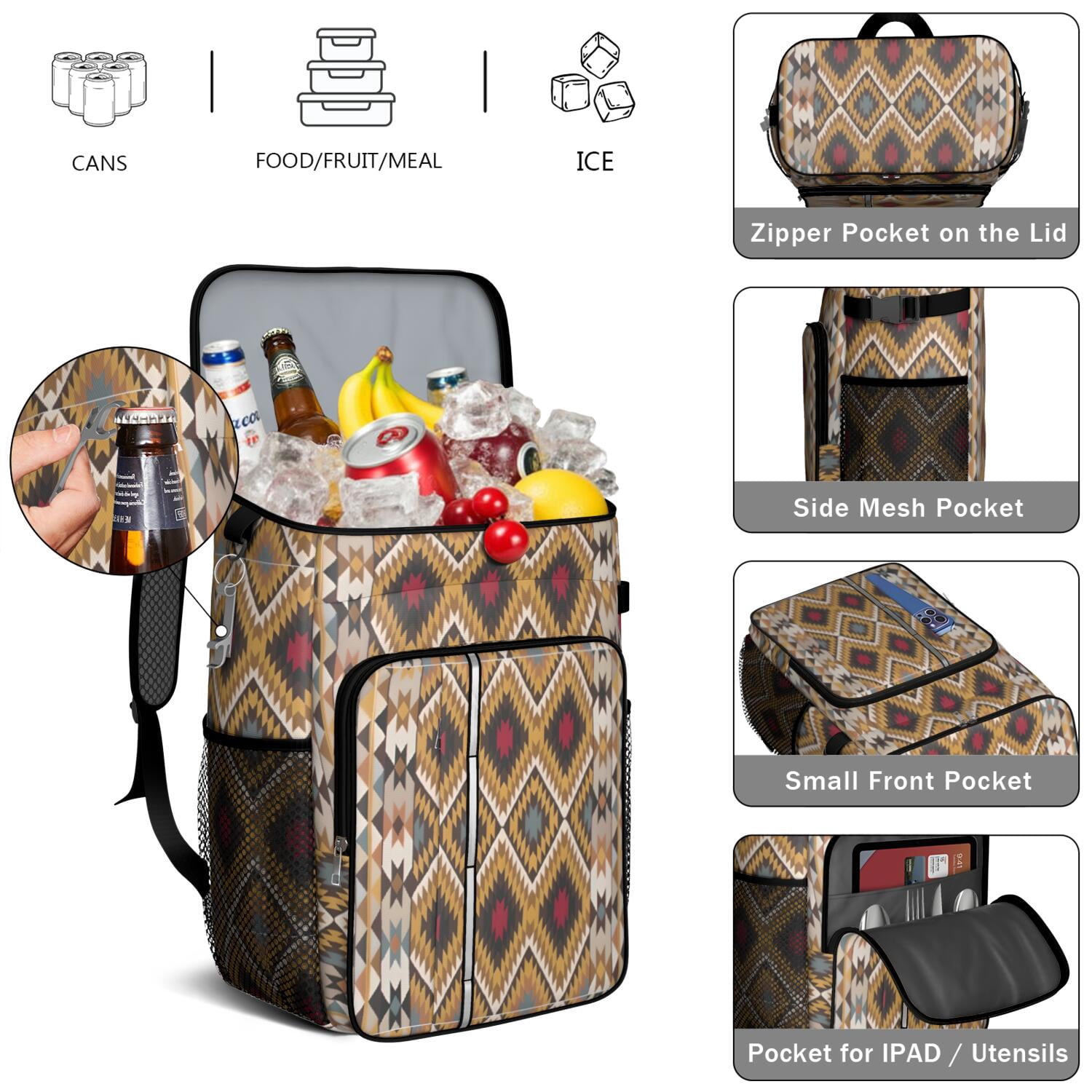 Travel Cooler Bag - Boho Bohemia Pioneer Flower Geometric Line Art Camping Beer Cooler Backpack with Bottle Opener- Waterproof Insulated Picnic Backpacks - Cooler Bag for Beach