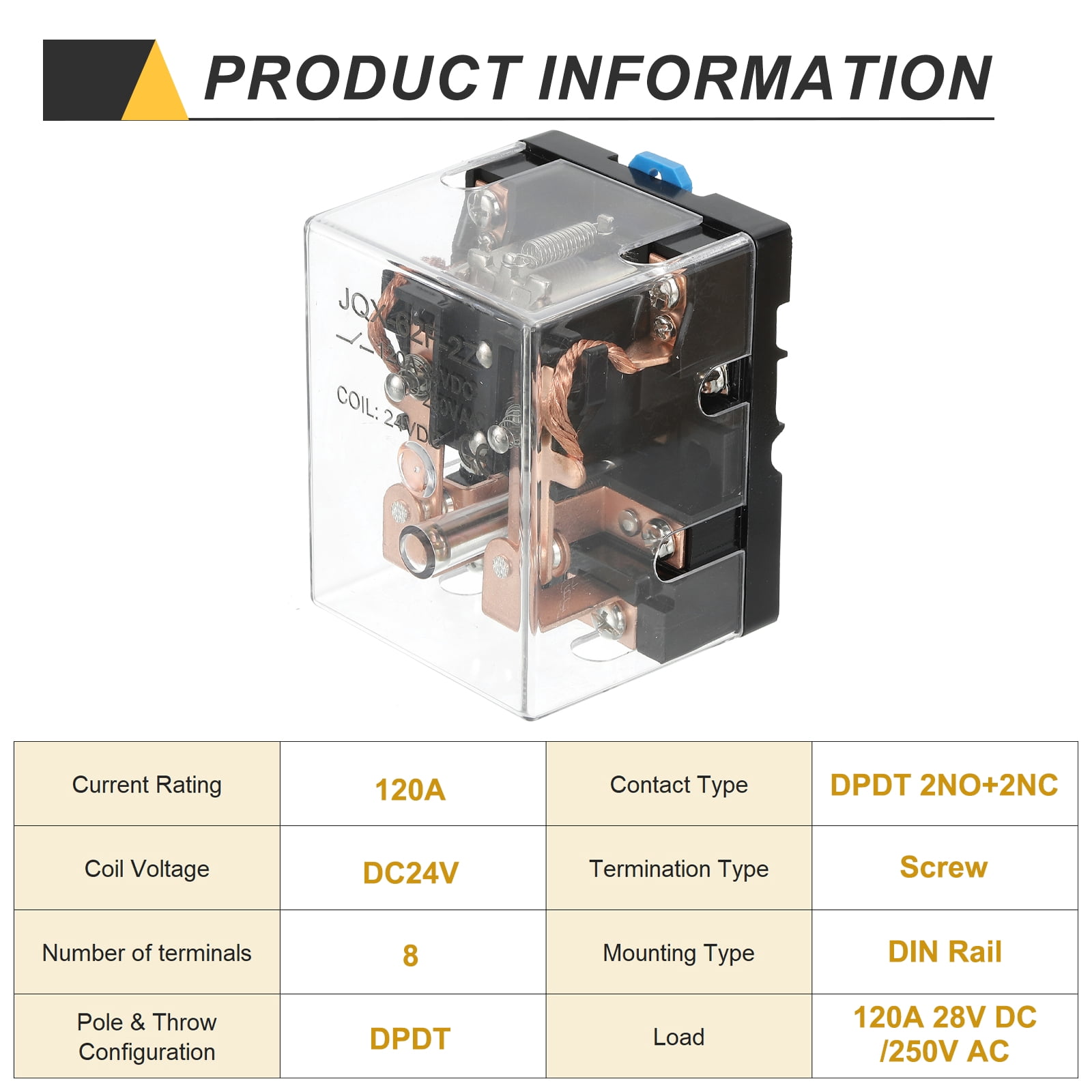 DC24V 120A Electromagnetic Relay, High Power Relay DPDT 2NO 2NC 8 Terminals Din Rail Mounting