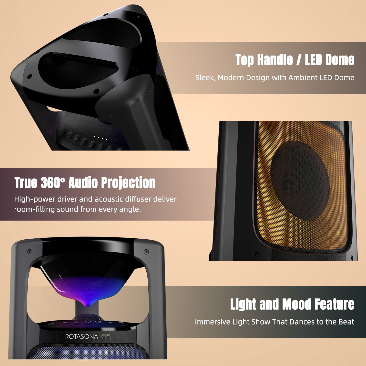 Rotasona Go Portable Bluetooth Party Speaker with RGB Lights, 360 Sound, Deep Bass, USB Playback, IPX4 Water Resistant, Black