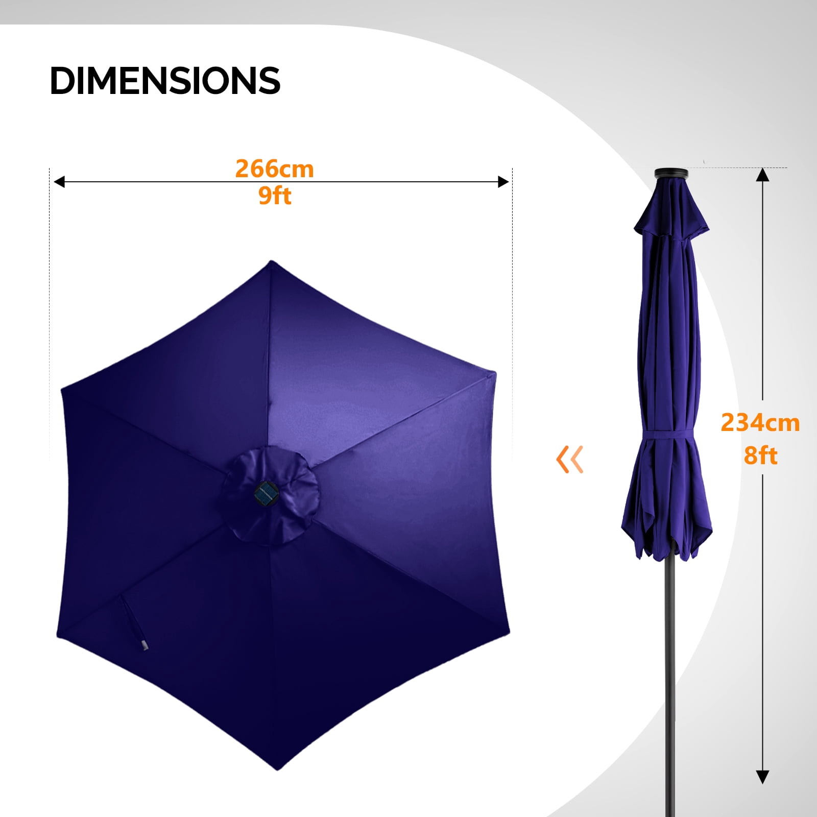 9ft Navy Blue Solar Patio Umbrella with LED Lights, UPF 50+ Waterproof Solution-Dyed Polyester Canopy, 6 Iron Ribs, Push Button Tilt & Crank Lift, Wind Resistant for Patio Garden Poolside