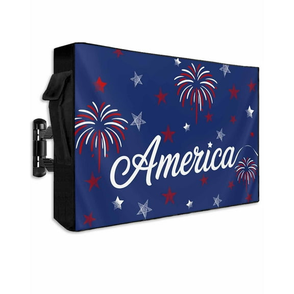 American Independence Day Outdoor TV Cover 30 to 32 Inch Weatherproof, Red Blue Fireworks Retro Stars 600D Oxford TV Covers with Waterproof Zipper, Outside Flat TV Screen Protector 30"Wx19"Hx4.5"D