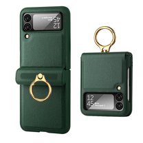 Ring Case Compatible for Samsung Galaxy Z Flip 4 5g Case with Screen Protector Hinge Protection,Slim & Thin Shockproof Hard PC Leather Cover Protective Phone Case for Samsung Flip 4 Case, Green