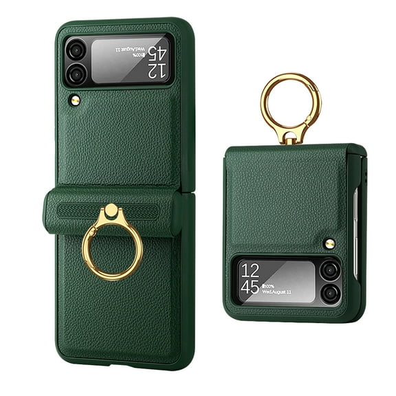 Ring Case Compatible for Samsung Galaxy Z Flip 4 5g Case with Screen Protector Hinge Protection,Slim & Thin Shockproof Hard PC Leather Cover Protective Phone Case for Samsung Flip 4 Case, Green