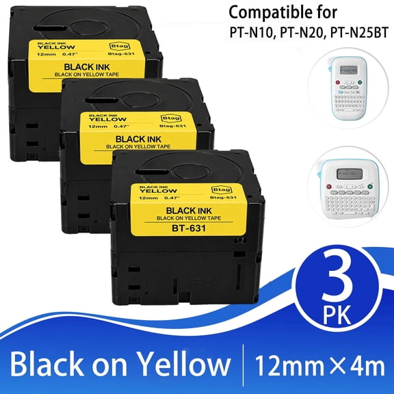 Compatible with Brother Btag-631 Btag Label Tape 12mm 0.47 Yellow, P Touch Label Maker Tape for Brother PT-N10 PT-N20 PT-N25BT Label Makers, Black on Yellow, 12mm x 4m, Laminated adhesive backing tec