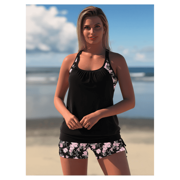 Women's Black with Pink Floral Print Accent Tankini Swimsuit, Ruched Two-Piece with Boyshorts, Sizes S-XL