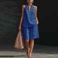 thumbnail image 7 of Qwertyu Linen Sets for Women 2 Piece Summer Outfits V Neck Halter Sleeveless Tops and Wide Leg Bermuda Shorts Cotton Linen Casual Two Piece Sets Blue XL, 7 of 7